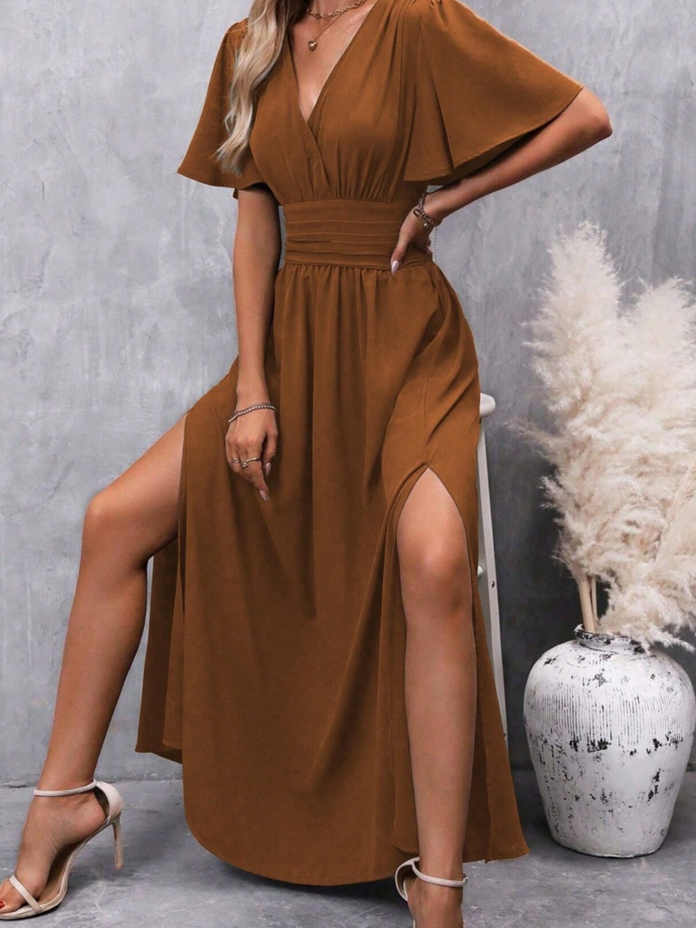 Luxe Rust Brown Surplice Butterfly Sleeve Shirred Waist Maxi Dress - Picture 3 of 4